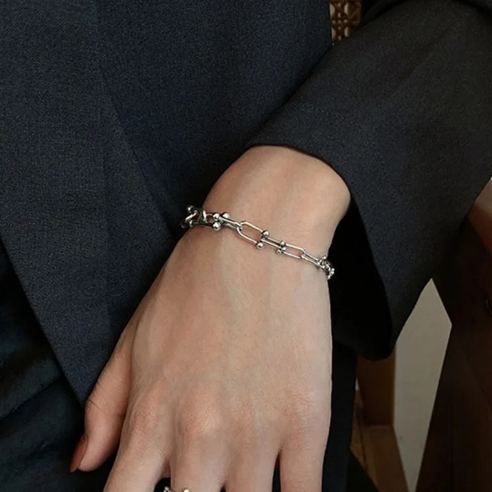 * NEW 925 Sterling Silver Geometric Lock Chain U Shape Punk Hasp Bracelet